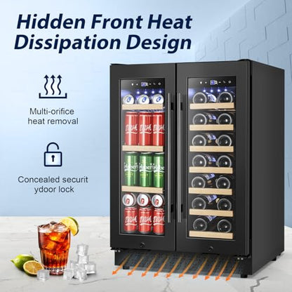 Tylza 24 Inch Wine and Beverage Refrigerator, Dual Zone Wine Beverage Cooler 24" with French Door, Under Counter Wine Beer Fridge Built-In or Freestanding, Holds 20 Bottles and 88 Cans, Black