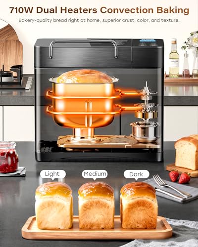 KBS 710W 2LB Bread Maker Dual Heaters, 17-in-1 Stainless Steel Bread Machine with Healthy Ceramic Pan, Automatic Nut Dispenser, Tempered Glass Touch Panel, 3 Crust Colors, 15H Timer& Keep-Warm,Recipes