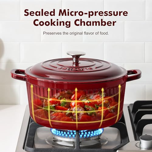 SENSARTE Enameled Cast Iron Dutch Oven Pot with Lid 3.5/5.5/6.5 Quart Heavy-Duty Round Dual Handles Kitchen Pot with Cotton Potholders & Silicone Trivet, Pot for Bread Baking, Stews, Braising, Roasting, Oven Safe, 6.5 Quart, Red