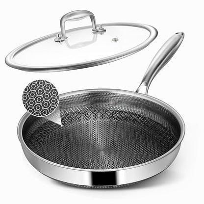 Vocvee Non Stick Frying Pans, 10-inch with Lid, Hybrid Frying Pans Nonstick Stainless Steel Skillets, Dishwasher & Oven-Safe, Stay-Cool Handle, PFOA Free Cookware, Compatible with All Cooktops
