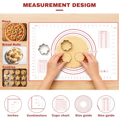 Silicone Baking Mat - 0.7mm New Upgraded Non-slip and Reusable Pastry Mat for Rolling Out Dough, Non Stick Silicone Mats with Measurements for Cookies, Macaroon, Bread, Pastry (Red)