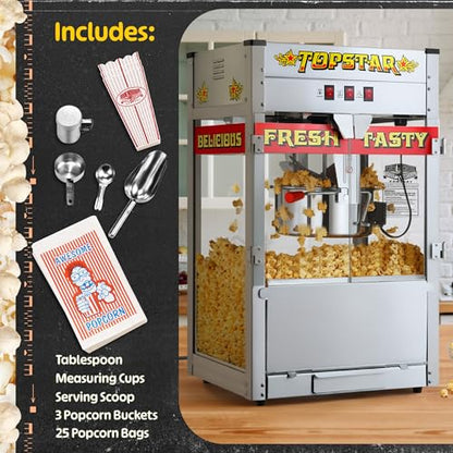 Top Star Popcorn Machine - 12oz Stainless-Steel Kettle, Reject Kernel Tray, Warming Light, and Accessories by Great Northern Popcorn (Red and Yellow)