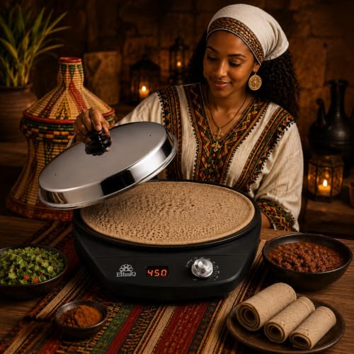 Ethniq 16" Electric Injera Maker - Griddle for Crepe, Ethiopian Mogogo, Anjero, Mitad, Pancake, Teff - Adjustable Heat Control with Digital Screen - Non-Stick Surface - Even Heat Distribution