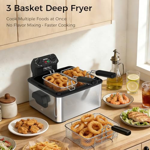 OSTBA Electric Deep Fryer with 3 Baskets, 1700W Stainless Steel Oil Fryer, 4.75QT Countertop Fryer with Adjustable Temperature, Viewing Window, Odor Filter & Removable Oil Container