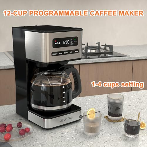 REVOTRA 12 Cup Programmable Coffee Maker, Hot and Iced Coffee Makers, Regular & Strong Brew Drip Coffee Machine, 1-4 Cup, 24H Timer, Auto Shut-Off, Keep Warm, Pause & Serve