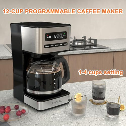 REVOTRA 12 Cup Programmable Coffee Maker, Hot and Iced Coffee Makers, Regular & Strong Brew Drip Coffee Machine, 1-4 Cup, 24H Timer, Auto Shut-Off, Keep Warm, Pause & Serve