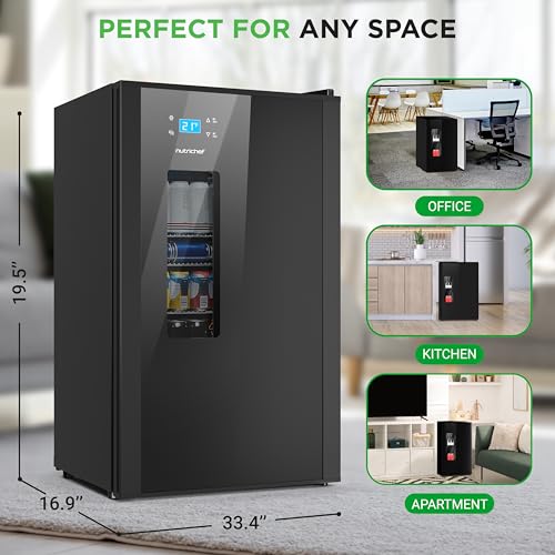 Nutrichef Beer Fridge 108 Can Capacity | Freestanding Beverage Refrigerator with Glass Door for Beer & Soda | Adjustable Temperature 21°F to 64°F | Adjustable Shelves | 19 x 17 x 33 IN | Black