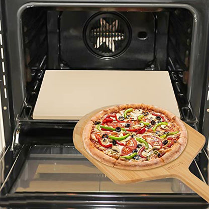 Mimiuo Pizza Stone and Wood Peel Set for Oven and Grill - 12x15 Inch Rectangular Baking Stone with Bamboo Peel, Perfect for Crisp Crust Pizza, Breads, Cheese, and More