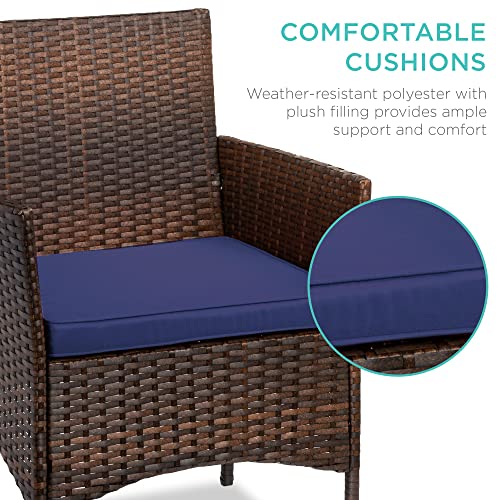 Best Choice Products 3-Piece Outdoor Wicker Conversation Bistro Set, Space Saving Patio Furniture for Garden w/Side Table - Brown/Navy