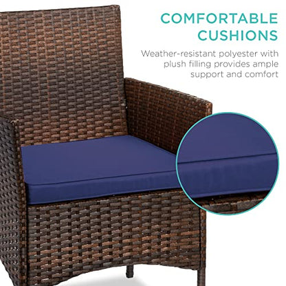 Best Choice Products 3-Piece Outdoor Wicker Conversation Bistro Set, Space Saving Patio Furniture for Garden w/Side Table - Brown/Navy