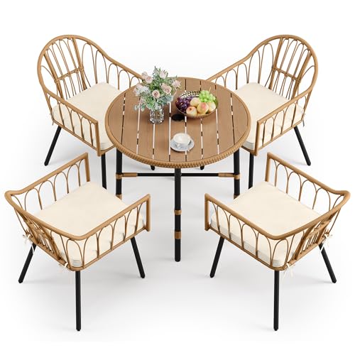 YITAHOME 5 Pieces Patio Dining Table Chair Set, Outdoor Table and Chairs with Umbrella Hole, Patio Furniture Set Outdoor Rattan Dining Table Set for Patio, Backyard, Balcony, Garden