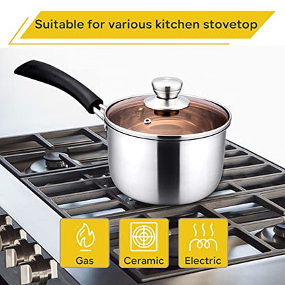 E-far 1 Quart Saucepan with Lid, Stainless Steel Small Sauce Pot with Glass Lid for Cooking, Easy Clean & Rust Free, Dishwasher Safe