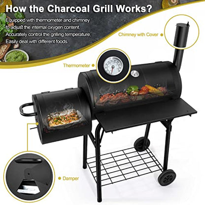Joyfair Charcoal Grill with Offset Smoker, Camping Barbecue Grill with Side Fire Box for Outdoor BBQ Smoking/Backyard Party Grilling, Thick Iron Steel & Dual Chamber Design, Thermometer & Chimney
