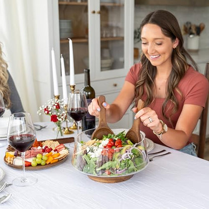 Oria Cook Large Glass Salad Bowl with Lid Set, 5.7 L Decorative Glass Mixing Bowl, Trifle and Serving Bowls with Lids as Cheese Charcuterie Board and Plate, Comes with Wood Serving Utensils