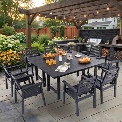 AZXZCS 10-Piece Outdoor Dining Set, All-Weather HDPE Patio Furniture, Two 66.5" Slatted Table with 1.6" Umbrella Hole & 8 Ergonomic Armchairs, Heavy Duty 350lbs Capacity, UV Resistant, Black