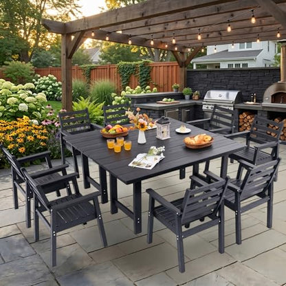 AZXZCS 10-Piece Outdoor Dining Set, All-Weather HDPE Patio Furniture, Two 66.5" Slatted Table with 1.6" Umbrella Hole & 8 Ergonomic Armchairs, Heavy Duty 350lbs Capacity, UV Resistant, Black