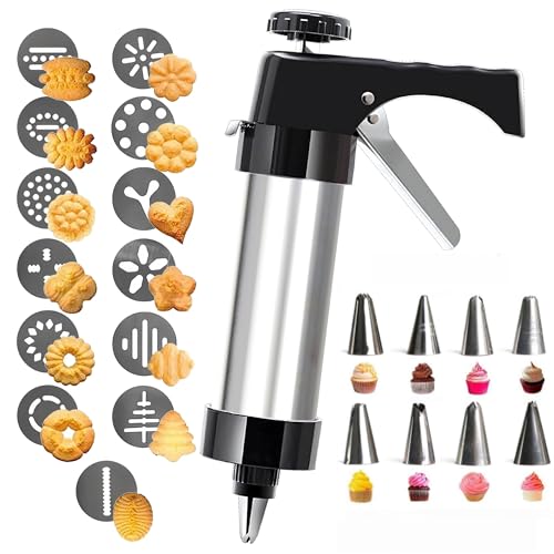Cookie Press Gun Kit,13 Cookie Discs+8 Icing Nozzles Perfect for DIY Christmas Cookies and Decorating Cookies,Gifts for Mother（black）
