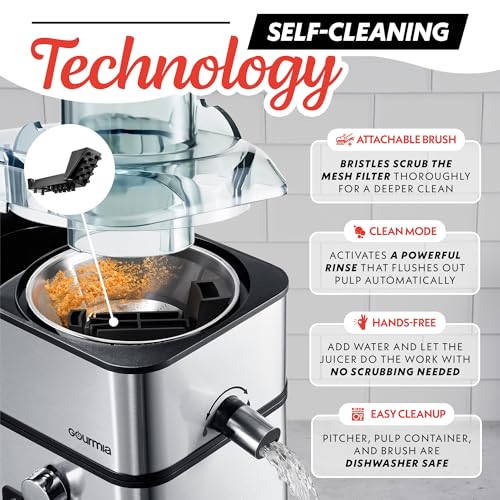 Gourmia Centrifugal Juicer - 6 Speed Digital Juice Extractor with Extra-Wide Chute, Pulse Mode, Self-Clean Cycle, 36 oz Pitcher, Pulp Container & Cleaning Brush, Stainless Steel