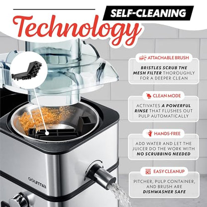 Gourmia Centrifugal Juicer - 6 Speed Digital Juice Extractor with Extra-Wide Chute, Pulse Mode, Self-Clean Cycle, 36 oz Pitcher, Pulp Container & Cleaning Brush, Stainless Steel