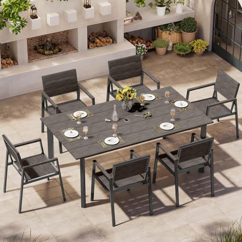 Oasbira Outdoor Dining Set for 6, Patio Table and Chairs Set with Umbrella Hole, 7 Pieces HDPS + Aluminum Outdoor Furniture Sets for Patio, Garden (Charcoal)