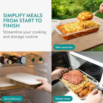 Navaris 4-Piece Glass Baking Dish Set with Lids, 1.7qt/2.3qt(1.6L/2.2L) Casserole Dishes, Rectangular Glass Bakeware Set, Baking Pans for Lasagna, Leftovers, Dishwasher, Oven