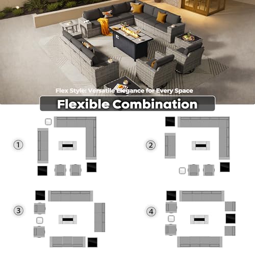 ovios 16 Pieces Patio Furniture Set, Outdoor Wicker Sectional Sofa Couch with 54" Fire Pit Table Swivel Chairs, Modern Modular Deep Seat Rattan Conversation Sets, Black