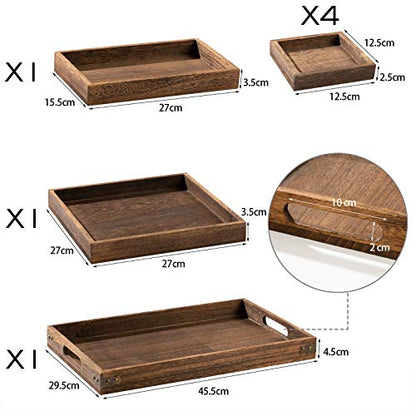 Yangbaga Rustic Wooden Serving Trays with Handle - Set of 7 Rectangular Platters for Entertaining, Breakfast, Coffee Table, Home Decor