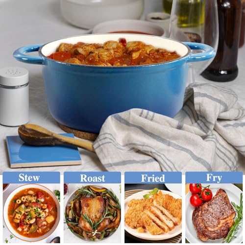 5QT Cast Iron Dutch Oven with Lid, Heavy-Duty Enameled Soup Pot with Dual Handles and Oven Safe for Bread Baking, Braising, Cooking and Family Gifts, Blue