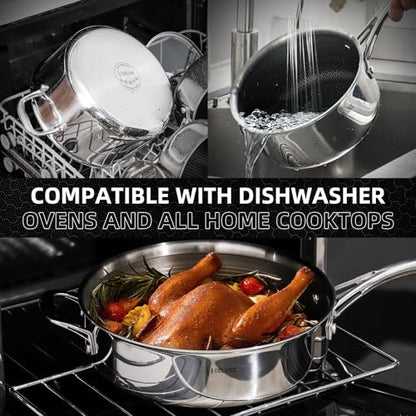 Deluxe 13 Piece Hybrid Ceramic Nonstick Stainless Steel Cookware Set-5 Piece Frying Pan Set, 6 PC Pot Set, 3.7QT Deep Sauté Pan&Lid, Induction Ready, Stay Cool, PFOA Free Compatible with All Cooktops
