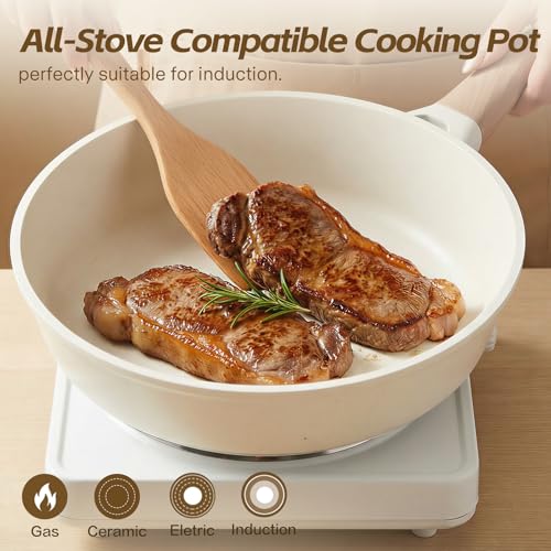 USELUCK Ceramic Nonstick Frying Pan with Lid, 4.0 QT Sauté Pan Large Capacity Skillet, Non Stick Deep Frying Pan Induction Compatible White Granite Coating PFOA/PFAS Free Non-toxic Healthy