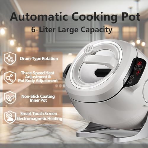 Automatic Cooking Machine, 6L Auto Cooking Wok Fried Rice Machine Three Speed Adjustable, 360° Rotation and 3D All-Round Heating, for Stir Frying, Stewing, Cooking