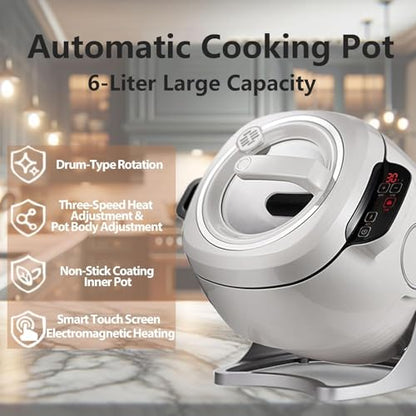Automatic Cooking Machine, 6L Auto Cooking Wok Fried Rice Machine Three Speed Adjustable, 360° Rotation and 3D All-Round Heating, for Stir Frying, Stewing, Cooking
