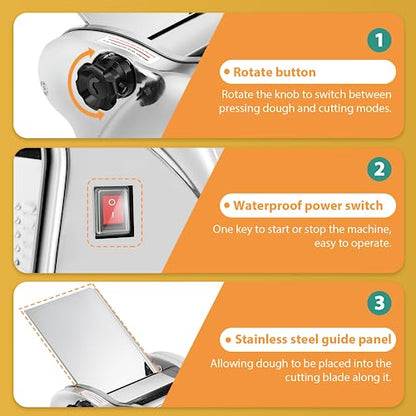 Newhai Electric Pasta Maker Family Noodle Making Machine Dough Roller 2.5mm Spaghetti 4mm Wide Noodle 9mm Fettuccine Cutter 110V US Stainless Steel for Home Use