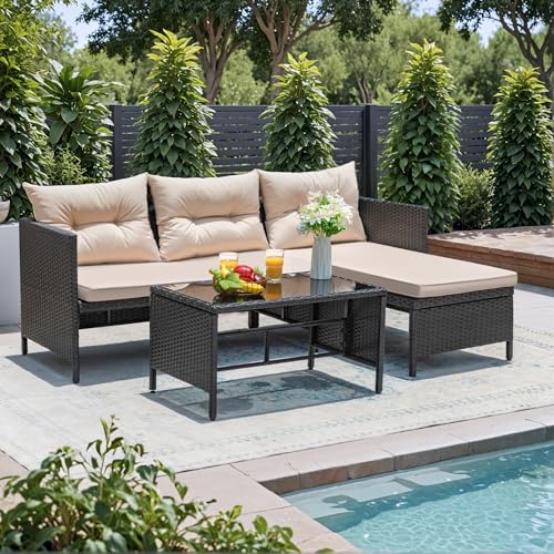 Greesum 3 Piece Patio Furniture Set Outdoor Wicker Sectional Sofa,Beige