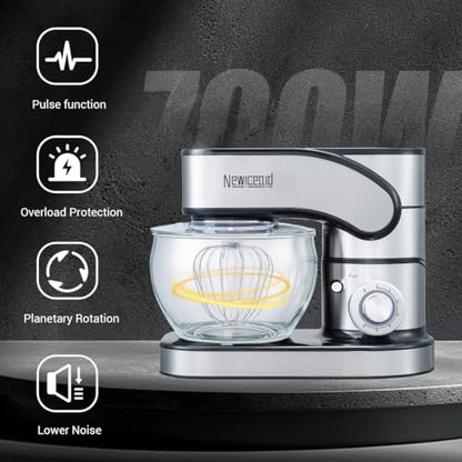 Newiceaid Stainless Steel Stand Mixer, 6-Speed Tilt-Head Mixer with 700W Powerful Motor, 7.4QT Large Capacity Bowl, Electric Kitchen Mixer with Dough Hook, Beater, Whisk for Baking & Dough Making