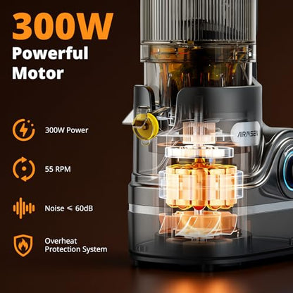AIRMSEN Juicer Machines, 5.8" Feed Chute Cold Press Juicer for Whole Fruit and Vegetable, 2.2 qt Auto-Feed Time-Saver, 7+1-Stage New Upgraded Auger Slow Masticating High Yield, Easy to Clean Black