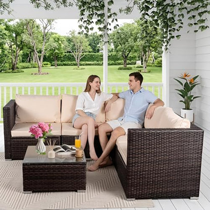 HOMEZILLIONS 6 Piece Outdoor Patio Furniture Sets, Modular Wicker Sectional Patio Furniture with Tempered Glass Coffee Table, Outdoor Sectional Sofa Set for Backyard, Poolside, Deck