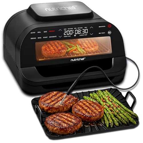 NutriChef Indoor Smokeless Grill - Smart Grill & Air Fryer with 7 Cooking Functions - 6L Capacity - Includes Smart Thermometer - Precise Temperature Control - Non-Stick Removable Grill Plates