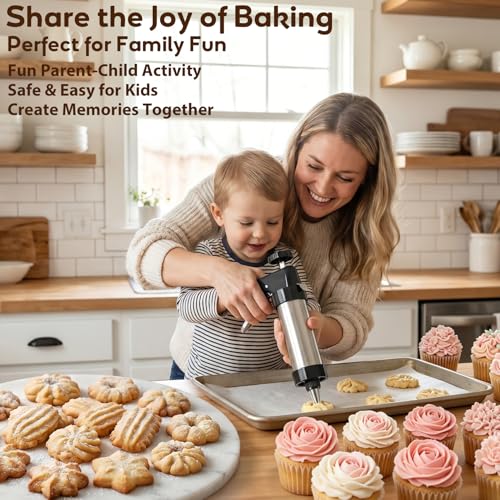 Stainless Steel Cookies Press, Cookie Press Gun Kit with 13 Cookie Discs and 8 Piping Tips, Durable Butter Cookie Shooter for DIY Various Cookies and Cake Maker