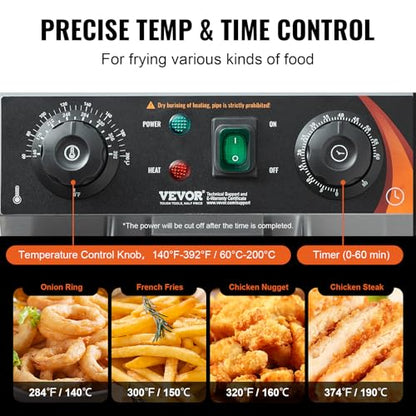 VEVOR Commercial Deep Fryer, 1500W Electric Countertop Fryer with Basket, 11.6Qt / 11L Stainless Steel Single Oil Fryer with Time & Temp Control, Overheat Protection, for Kitchen Restaurant Use