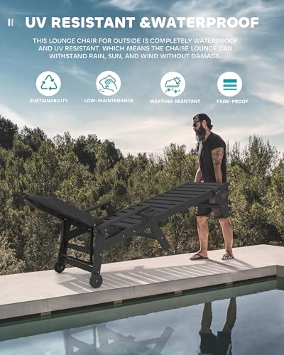 SERWALL Patio Chaise Lounge Chair Set of 2, 78'' Long 5-Positions Adjustable HDPE Outdoor Lounger for Pool, Poly Lounge Chair with Rolling Wheels & Cup Holder for Poolside, Deck, Black