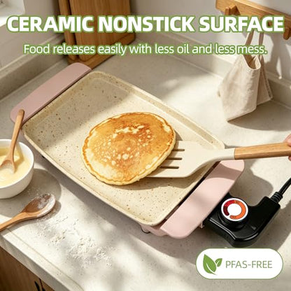 I-Keukenn Small Electric Griddle, 10 Inch Mini Ceramic Non-Stick Electric Skillet with Adjustable Thermostat, 1200W Single Serve Grill for Breakfast, Cooking for Pancakes, Eggs, Sausage, Pink
