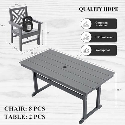 AZXZCS HDPE Outdoor Dining Set,10-Piece Outdoor Table and Chairs Include 8 Dining Chairs and 2 Pcs 62.5" Patio Dining Table with Umbrella Hole (Gray)