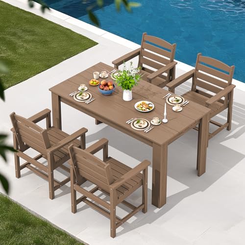 SERWALL Patio Dining Set for 4, Outdoor Dining Sets for 4 Person with 1 Umbrella Hole Cut-Out Rectangular Table and 4 Chairs, HDPE Dining Sets for Garden, Backyard, Poolside, Brown
