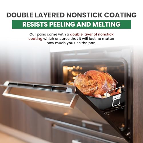 Roasting Pan With Rack 11" x 15" - Non Stick Large Roaster Pan and Flat Rack with Foldable Handles - Roasting Pans for Ovens to Elevate Food for Even Heating - Dishwasher Safe Turkey Roast Pot