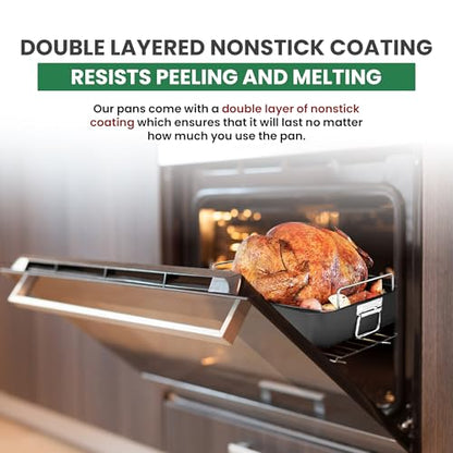 Roasting Pan With Rack 11" x 15" - Non Stick Large Roaster Pan and Flat Rack with Foldable Handles - Roasting Pans for Ovens to Elevate Food for Even Heating - Dishwasher Safe Turkey Roast Pot