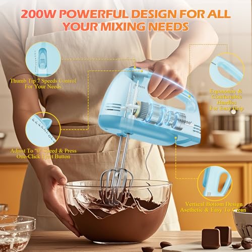 WADODO 7-Speed Electric Hand Mixer – Portable Food Mixer Kitchen Mixer with 304 *(1x Whisk, 2x Beater, 2x Dough hook) for Baking Cakes, Cream, Cookies, BLUE
