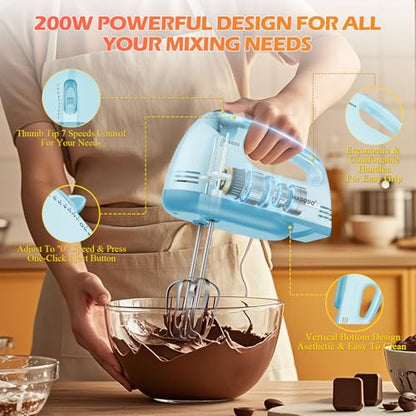 WADODO 7-Speed Electric Hand Mixer – Portable Food Mixer Kitchen Mixer with 304 *(1x Whisk, 2x Beater, 2x Dough hook) for Baking Cakes, Cream, Cookies, BLUE