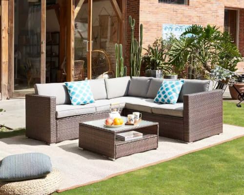 HOMEZILLIONS 6 Piece Outdoor Patio Furniture Sets, Modular Wicker Sectional Patio Furniture with Tempered Glass Coffee Table, Outdoor Sectional Sofa Set for Backyard, Poolside, Deck