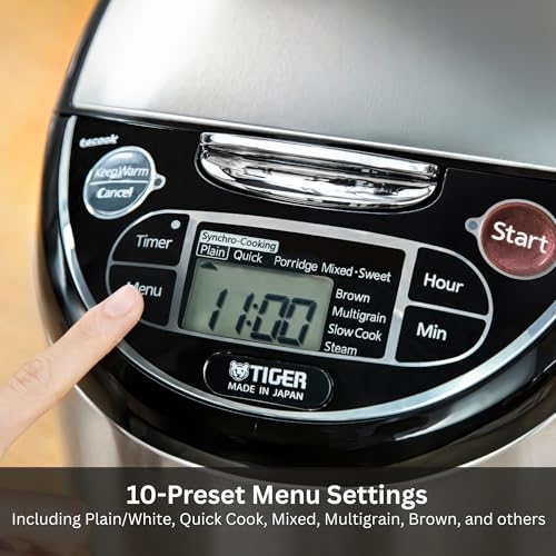 TIGER JAX-T10U-K 5.5-Cup (Uncooked) Micom Rice Cooker and Warmer with Tacook Food Steamer Cooking Tray Technology and 10 Auto-Cook Settings, Stainless Steel Black